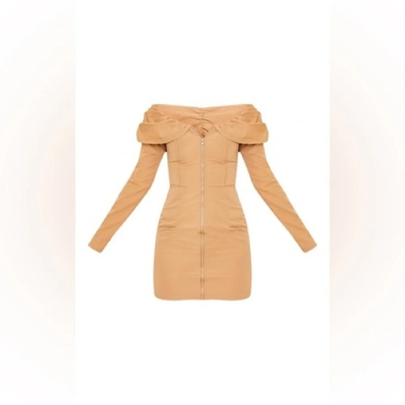 PLT • Camel Bardot Zip Front Shirt Bodycon Dress - Picture 5 of 12